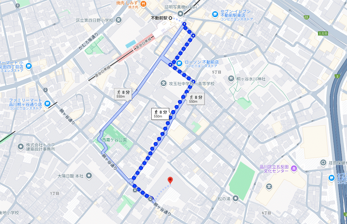 不動前駅から桐ケ谷斎場までの地図