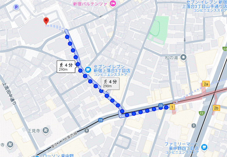 落合駅から落合斎場までの地図